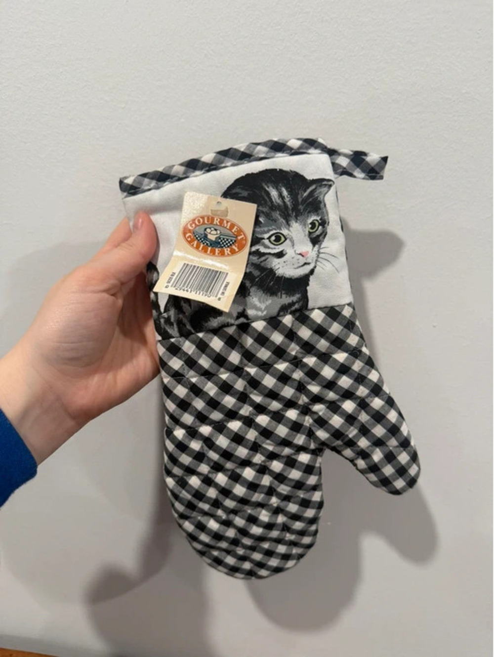 vintage Gourmet Gallery Oven Mitt Cat Print Black White Gingham